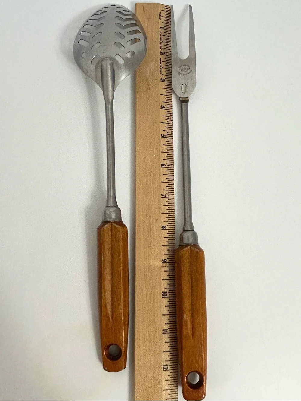 Ekco Eterna Stainless Slotted Serving Spoon & Carving Fork Brown Wood Handles